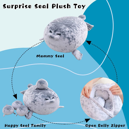 Gray Chubby Seal Plush Pillow with 4 Baby Seals Inside: Soft Stuffed Animal for Kids, Hug Pillow & Room Decor – Perfect Gift for Children.