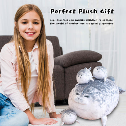 Gray Chubby Seal Plush Pillow with 4 Baby Seals Inside: Soft Stuffed Animal for Kids, Hug Pillow & Room Decor – Perfect Gift for Children.