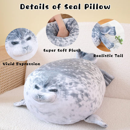 Gray Chubby Seal Plush Pillow with 4 Baby Seals Inside: Soft Stuffed Animal for Kids, Hug Pillow & Room Decor – Perfect Gift for Children.