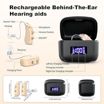 Rechargeable Behind-the-Ear Hearing Aids with Charging Case – Lightweight & Invisible Sound Amplifier for Seniors (Black Case, Skin Tone Device).