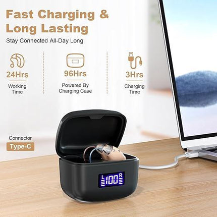 Rechargeable Behind-the-Ear Hearing Aids with Charging Case – Lightweight & Invisible Sound Amplifier for Seniors (Black Case, Skin Tone Device).