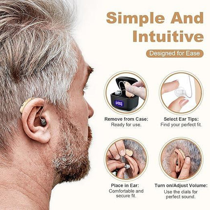 Rechargeable Behind-the-Ear Hearing Aids with Charging Case – Lightweight & Invisible Sound Amplifier for Seniors (Black Case, Skin Tone Device).