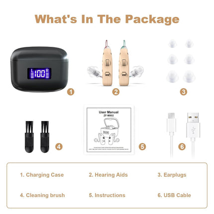 Rechargeable Behind-the-Ear Hearing Aids with Charging Case – Lightweight & Invisible Sound Amplifier for Seniors (Black Case, Skin Tone Device).