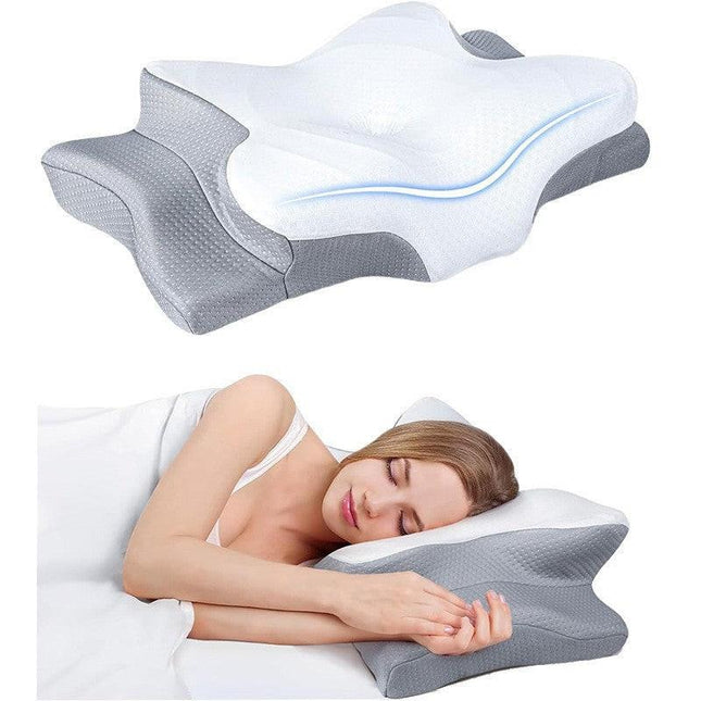 High-Performance Butterfly Memory Foam Pillow – 15° Cervical Support, Cooling Gel Cover, Ergonomic Contour Design for Neck Pain Relief & Deep Sleep – Ideal for Side & Back Sleepers (White & Gray).