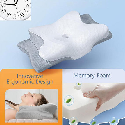 High-Performance Butterfly Memory Foam Pillow – 15° Cervical Support, Cooling Gel Cover, Ergonomic Contour Design for Neck Pain Relief & Deep Sleep – Ideal for Side & Back Sleepers (White & Gray).