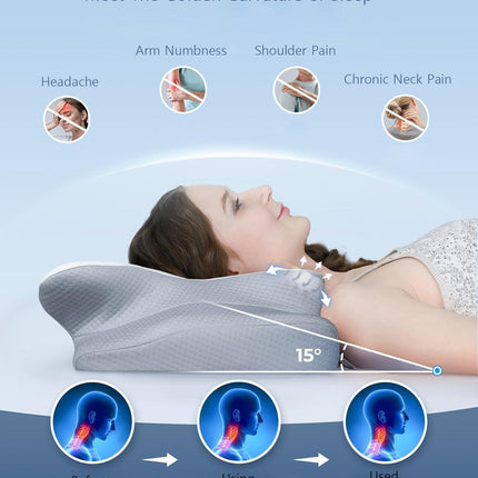 High-Performance Butterfly Memory Foam Pillow – 15° Cervical Support, Cooling Gel Cover, Ergonomic Contour Design for Neck Pain Relief & Deep Sleep – Ideal for Side & Back Sleepers (White & Gray).