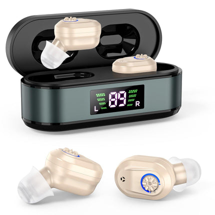 Rechargeable In-the-Ear Hearing Aids with Charging Case and LCD Display – Ultra-Compact Sound Amplifier for Seniors (Black & Green Case, Skin Tone Device).