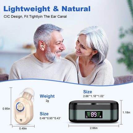 Rechargeable In-the-Ear Hearing Aids with Charging Case and LCD Display – Ultra-Compact Sound Amplifier for Seniors (Black & Green Case, Skin Tone Device).