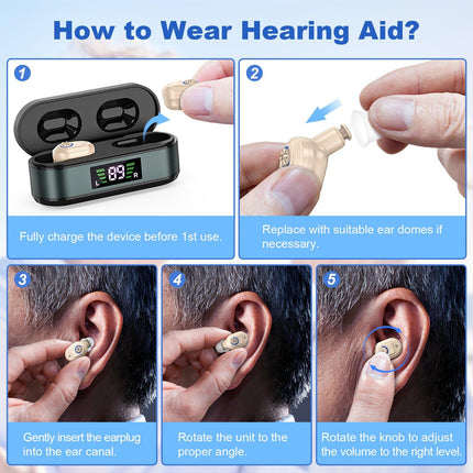 Rechargeable In-the-Ear Hearing Aids with Charging Case and LCD Display – Ultra-Compact Sound Amplifier for Seniors (Black & Green Case, Skin Tone Device).