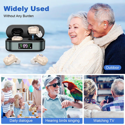 Rechargeable In-the-Ear Hearing Aids with Charging Case and LCD Display – Ultra-Compact Sound Amplifier for Seniors (Black & Green Case, Skin Tone Device).