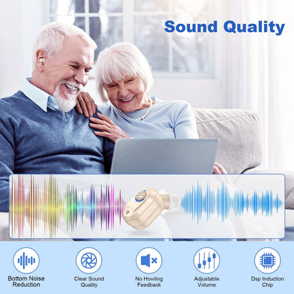 Rechargeable In-the-Ear Hearing Aids with Charging Case and LCD Display – Ultra-Compact Sound Amplifier for Seniors (Black & Green Case, Skin Tone Device).