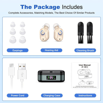 Rechargeable In-the-Ear Hearing Aids with Charging Case and LCD Display – Ultra-Compact Sound Amplifier for Seniors (Black & Green Case, Skin Tone Device).