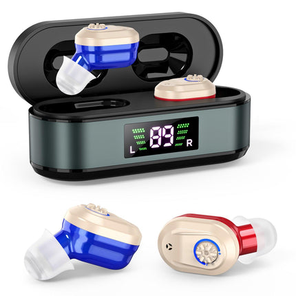 Rechargeable In-the-Ear Hearing Aids with Charging Case and LCD Display – Ultra-Compact Sound Amplifier for Seniors (Black & Green Case, Red & Blue Device).