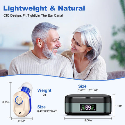 Rechargeable In-the-Ear Hearing Aids with Charging Case and LCD Display – Ultra-Compact Sound Amplifier for Seniors (Black & Green Case, Red & Blue Device).