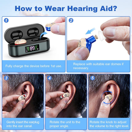 Rechargeable In-the-Ear Hearing Aids with Charging Case and LCD Display – Ultra-Compact Sound Amplifier for Seniors (Black & Green Case, Red & Blue Device).