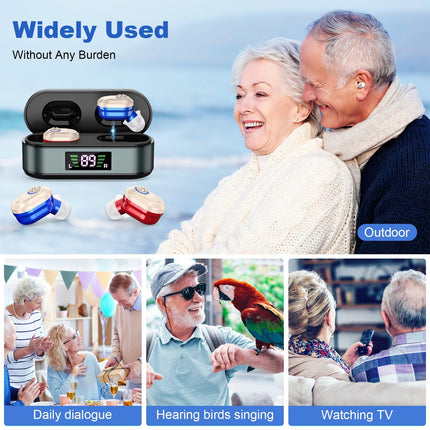 Rechargeable In-the-Ear Hearing Aids with Charging Case and LCD Display – Ultra-Compact Sound Amplifier for Seniors (Black & Green Case, Red & Blue Device).