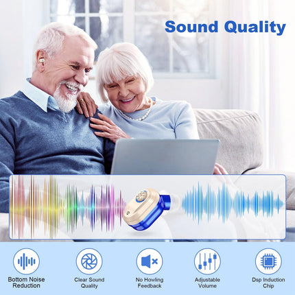 Rechargeable In-the-Ear Hearing Aids with Charging Case and LCD Display – Ultra-Compact Sound Amplifier for Seniors (Black & Green Case, Red & Blue Device).