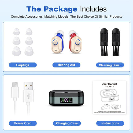 Rechargeable In-the-Ear Hearing Aids with Charging Case and LCD Display – Ultra-Compact Sound Amplifier for Seniors (Black & Green Case, Red & Blue Device).