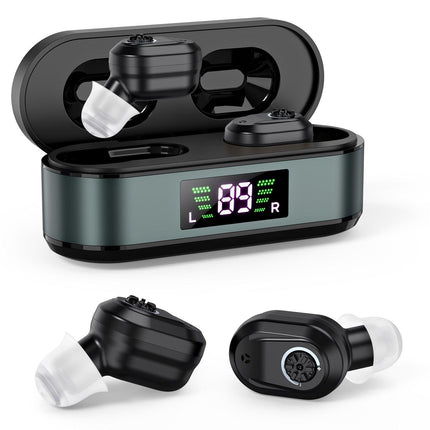 Rechargeable In-the-Ear Hearing Aids with Charging Case and LCD Display – Ultra-Compact Sound Amplifier for Seniors (Black & Green Case, Black Device).