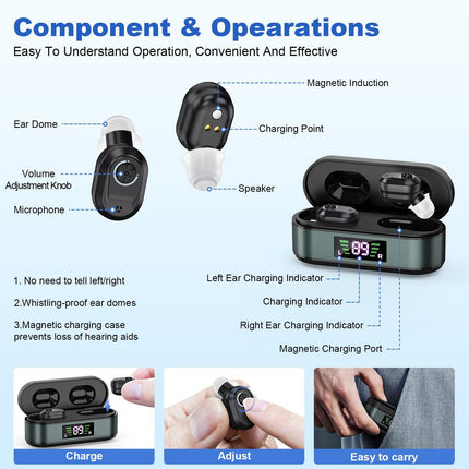 Rechargeable In-the-Ear Hearing Aids with Charging Case and LCD Display – Ultra-Compact Sound Amplifier for Seniors (Black & Green Case, Black Device).