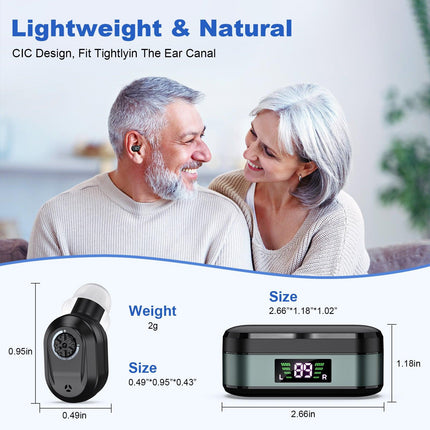 Rechargeable In-the-Ear Hearing Aids with Charging Case and LCD Display – Ultra-Compact Sound Amplifier for Seniors (Black & Green Case, Black Device).