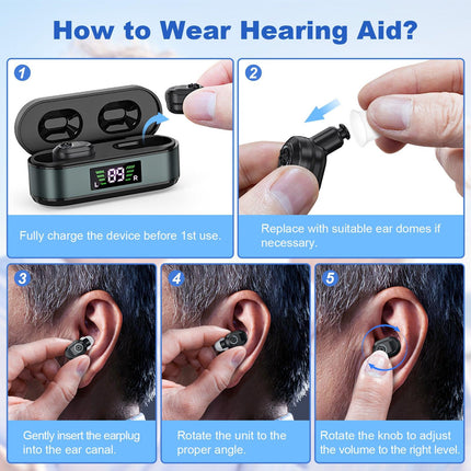 Rechargeable In-the-Ear Hearing Aids with Charging Case and LCD Display – Ultra-Compact Sound Amplifier for Seniors (Black & Green Case, Black Device).