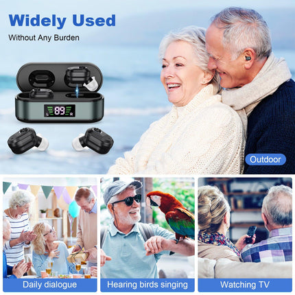 Rechargeable In-the-Ear Hearing Aids with Charging Case and LCD Display – Ultra-Compact Sound Amplifier for Seniors (Black & Green Case, Black Device).