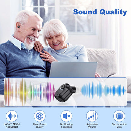 Rechargeable In-the-Ear Hearing Aids with Charging Case and LCD Display – Ultra-Compact Sound Amplifier for Seniors (Black & Green Case, Black Device).