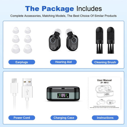 Rechargeable In-the-Ear Hearing Aids with Charging Case and LCD Display – Ultra-Compact Sound Amplifier for Seniors (Black & Green Case, Black Device).