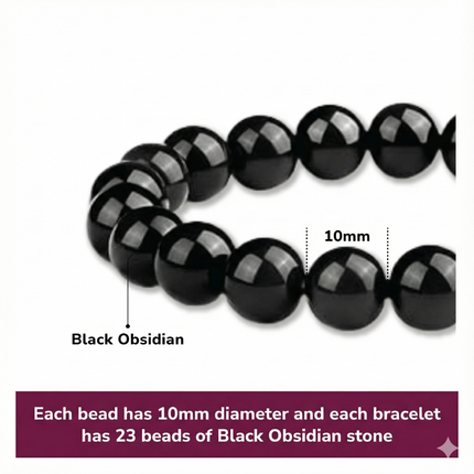 10mm Natural Black Obsidian Beaded Bracelet for Men and Women – Stretchable Healing Crystal Jewelry with Elastic Band, Protective Energy Stone Gift for Birthday, Valentine’s Day, Meditation (Black).