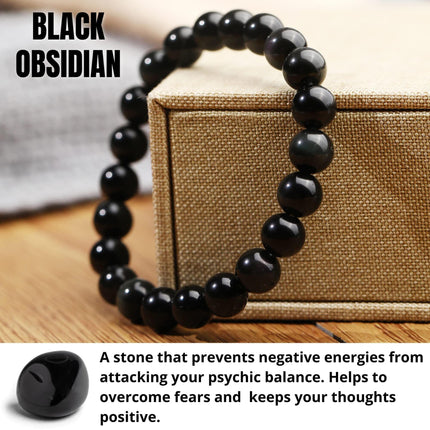 10mm Natural Black Obsidian Beaded Bracelet for Men and Women – Stretchable Healing Crystal Jewelry with Elastic Band, Protective Energy Stone Gift for Birthday, Valentine’s Day, Meditation (Black).