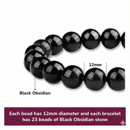 12mm Natural Black Obsidian Beaded Bracelet for Men and Women – Stretchable Healing Crystal Jewelry with Elastic Band, Protective Energy Stone Gift for Birthday, Valentine’s Day, Meditation (Black).