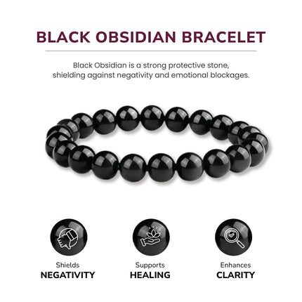 12mm Natural Black Obsidian Beaded Bracelet for Men and Women – Stretchable Healing Crystal Jewelry with Elastic Band, Protective Energy Stone Gift for Birthday, Valentine’s Day, Meditation (Black).