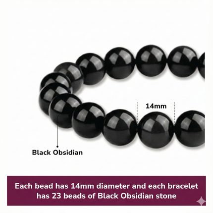 14mm Natural Black Obsidian Beaded Bracelet for Men and Women – Stretchable Healing Crystal Jewelry with Elastic Band, Protective Energy Stone Gift for Birthday, Valentine’s Day, Meditation (Black).