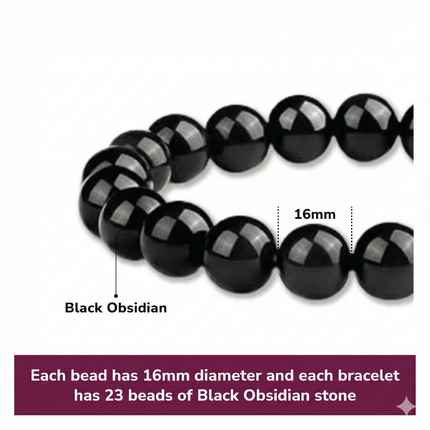 16mm Natural Black Obsidian Beaded Bracelet for Men and Women – Stretchable Healing Crystal Jewelry with Elastic Band, Protective Energy Stone Gift for Birthday, Valentine’s Day, Meditation (Black).