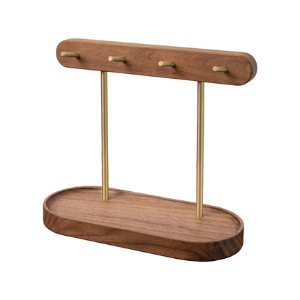 Modern Walnut Wood Key Holder with Brass Hooks – Desktop Organizer for Keys, Jewelry, Watches, and Small Accessories, Compact Design (Walnut).