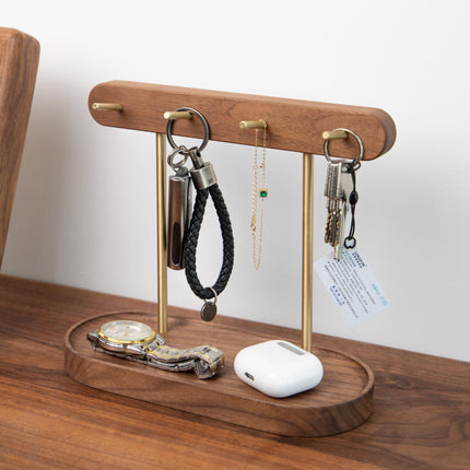 Modern Walnut Wood Key Holder with Brass Hooks – Desktop Organizer for Keys, Jewelry, Watches, and Small Accessories, Compact Design (Walnut).