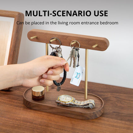 Modern Walnut Wood Key Holder with Brass Hooks – Desktop Organizer for Keys, Jewelry, Watches, and Small Accessories, Compact Design (Walnut).