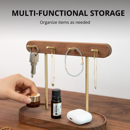 Modern Walnut Wood Key Holder with Brass Hooks – Desktop Organizer for Keys, Jewelry, Watches, and Small Accessories, Compact Design (Walnut).