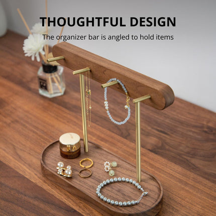 Modern Walnut Wood Key Holder with Brass Hooks – Desktop Organizer for Keys, Jewelry, Watches, and Small Accessories, Compact Design (Walnut).