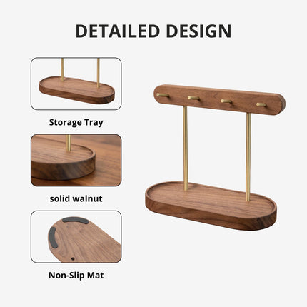 Modern Walnut Wood Key Holder with Brass Hooks – Desktop Organizer for Keys, Jewelry, Watches, and Small Accessories, Compact Design (Walnut).