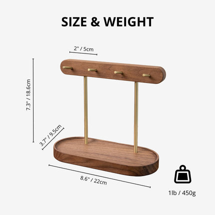 Modern Walnut Wood Key Holder with Brass Hooks – Desktop Organizer for Keys, Jewelry, Watches, and Small Accessories, Compact Design (Walnut).