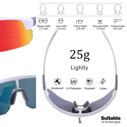 High-End Polarized Sports Sunglasses for Men Women – UV400 Protection, Anti-Fog, Lightweight TR90 Frame, Removable Lens, Ideal for Cycling, Running, Fishing, Golf (White & Red).