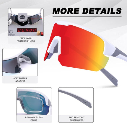 High-End Polarized Sports Sunglasses for Men Women – UV400 Protection, Anti-Fog, Lightweight TR90 Frame, Removable Lens, Ideal for Cycling, Running, Fishing, Golf (White & Red).