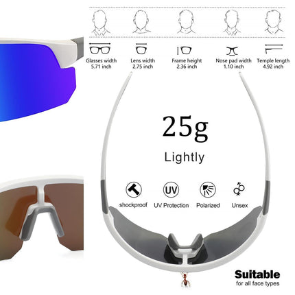 High-End Polarized Sports Sunglasses for Men Women – UV400 Protection, Anti-Fog, Lightweight TR90 Frame, Removable Lens, Ideal for Cycling, Running, Fishing, Golf (White & Blue).