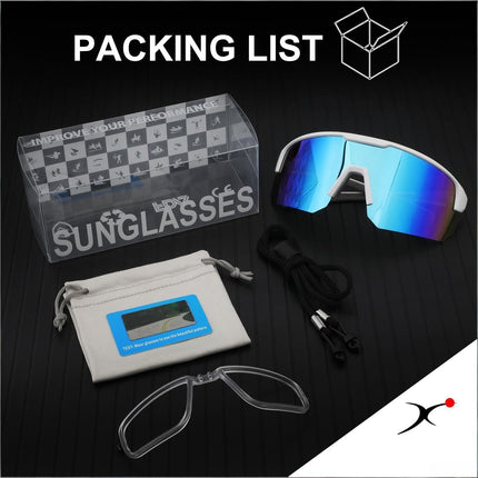 High-End Polarized Sports Sunglasses for Men Women – UV400 Protection, Anti-Fog, Lightweight TR90 Frame, Removable Lens, Ideal for Cycling, Running, Fishing, Golf (White & Blue).