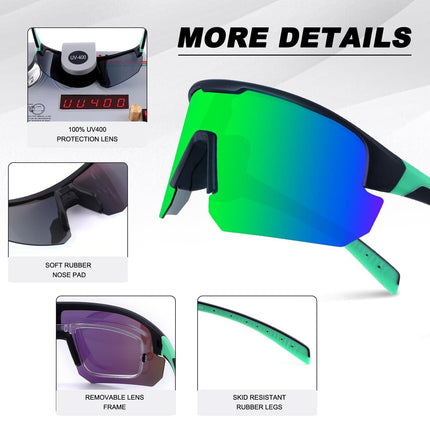 High-End Polarized Sports Sunglasses for Men Women – UV400 Protection, Anti-Fog, Lightweight TR90 Frame, Removable Lens, Ideal for Cycling, Running, Fishing, Golf (Black & Green).