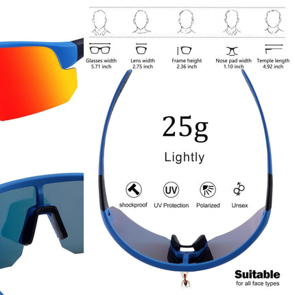 High-End Polarized Sports Sunglasses for Men Women – UV400 Protection, Anti-Fog, Lightweight TR90 Frame, Removable Lens, Ideal for Cycling, Running, Fishing, Golf (Blue & Red).