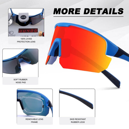 High-End Polarized Sports Sunglasses for Men Women – UV400 Protection, Anti-Fog, Lightweight TR90 Frame, Removable Lens, Ideal for Cycling, Running, Fishing, Golf (Blue & Red).