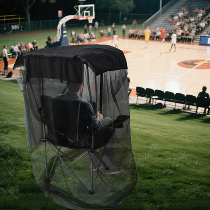 Outdoor Mosquito Net Chair Cover with Canopy – UV & Waterproof, Zippered Entry, Breathable Mesh Tent for Camping, Fishing, Beach Use (Black).